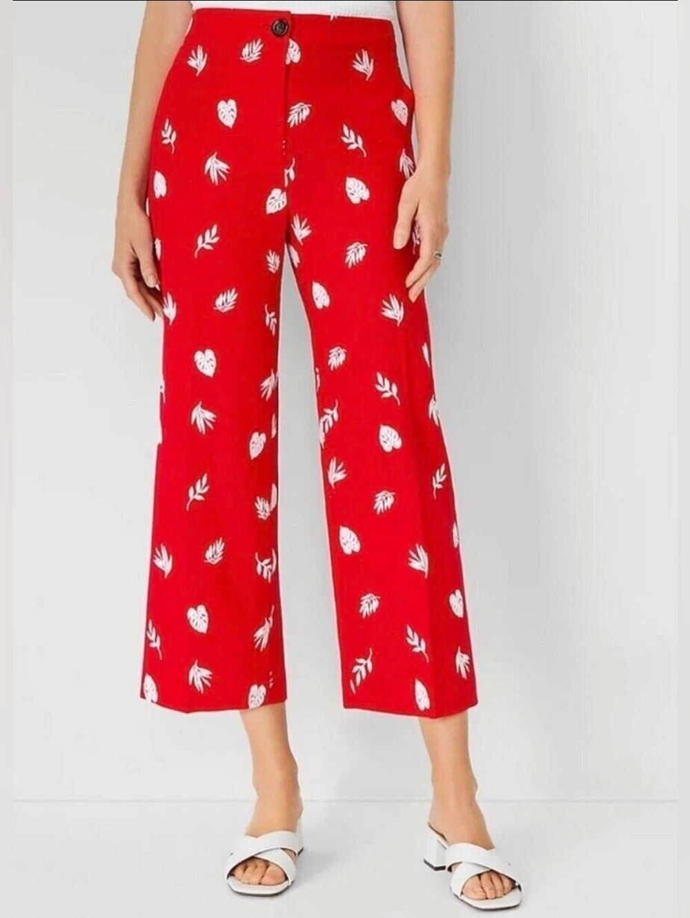 ❤️ NWOT! ANN TAYLOR HIGH RISE WIDE LEG CROP EMBROIDERED PANTS - CHERRY GLOW